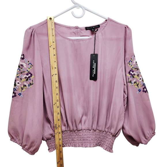 Womens Embroidered Sleeve Mauve Blouse With Smocked Hem By Haute Monde Size S - Picture 6 of 9
